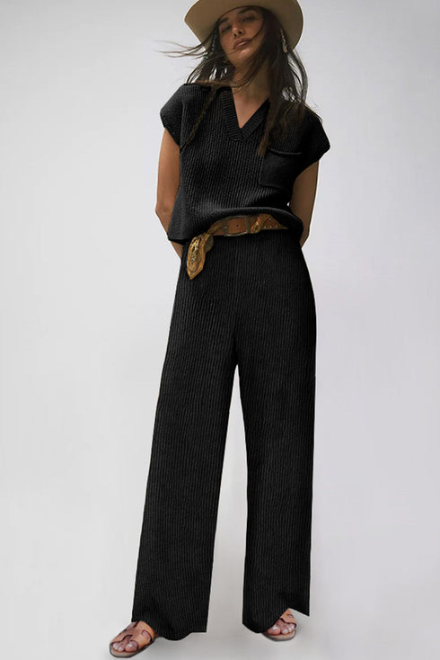 Knitted V Neck Sweater and Casual Pants Set